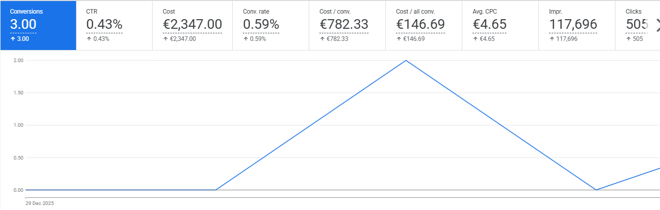 Google Ads campaigns view for January 2026: 3 conversions from 505 clicks, €2,347 cost, €782.33 cost per conversion