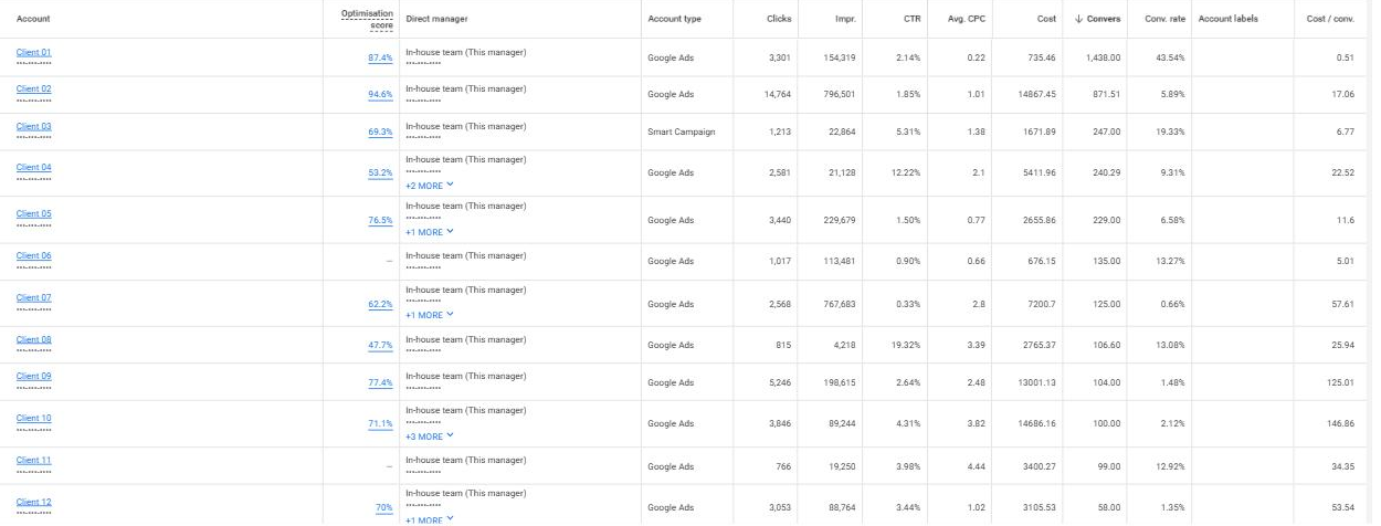 Per-account performance table with conversions and conversion rates across managed accounts